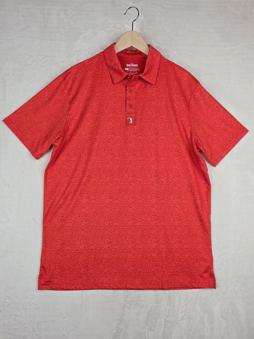 Bogey Bros Golf Polo Mens L Red Heather Novelty 69 Design 4 Way Stretch Shirt